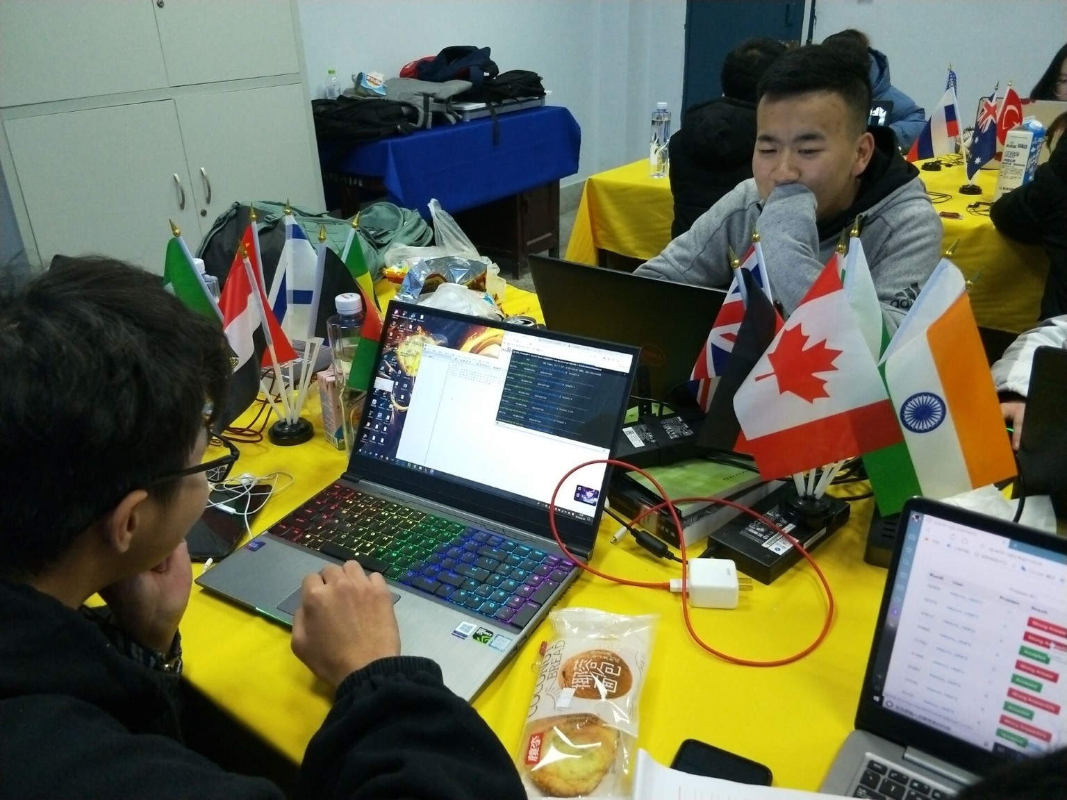 2018 年周赛,队员围坐在黄色桌布的桌前操作电脑